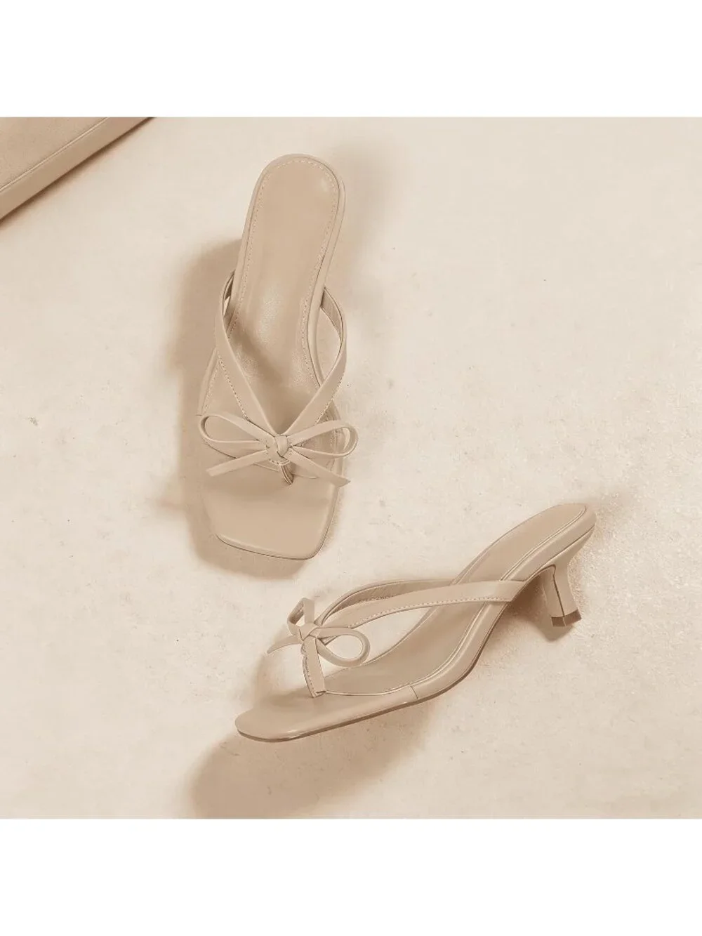 Women's Nude Summer Square Toe Cute Bow Thong Slip On Flip Flop Kitten Heel